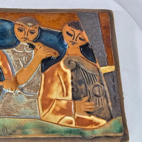 J Ruth Faktor Handmade Ceramic Tile Plaque Musicians Playing Instruments Signed - Picture 4 of 10